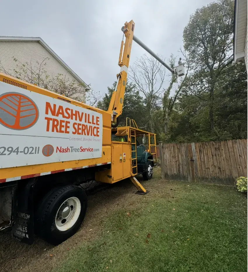 Nashville Tree Service truck with the aerial lift raised beside a home