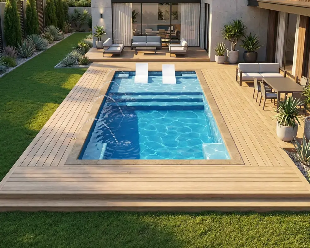 The Aruba fiberglass pool with a wood deck