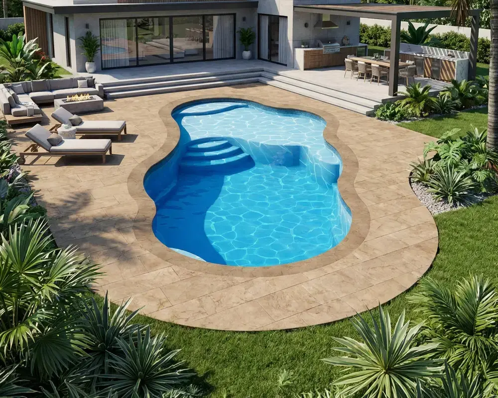 The Mirage freeform fiberglass pool with entry steps