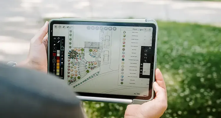 Designer holding a tablet with a landscape plan