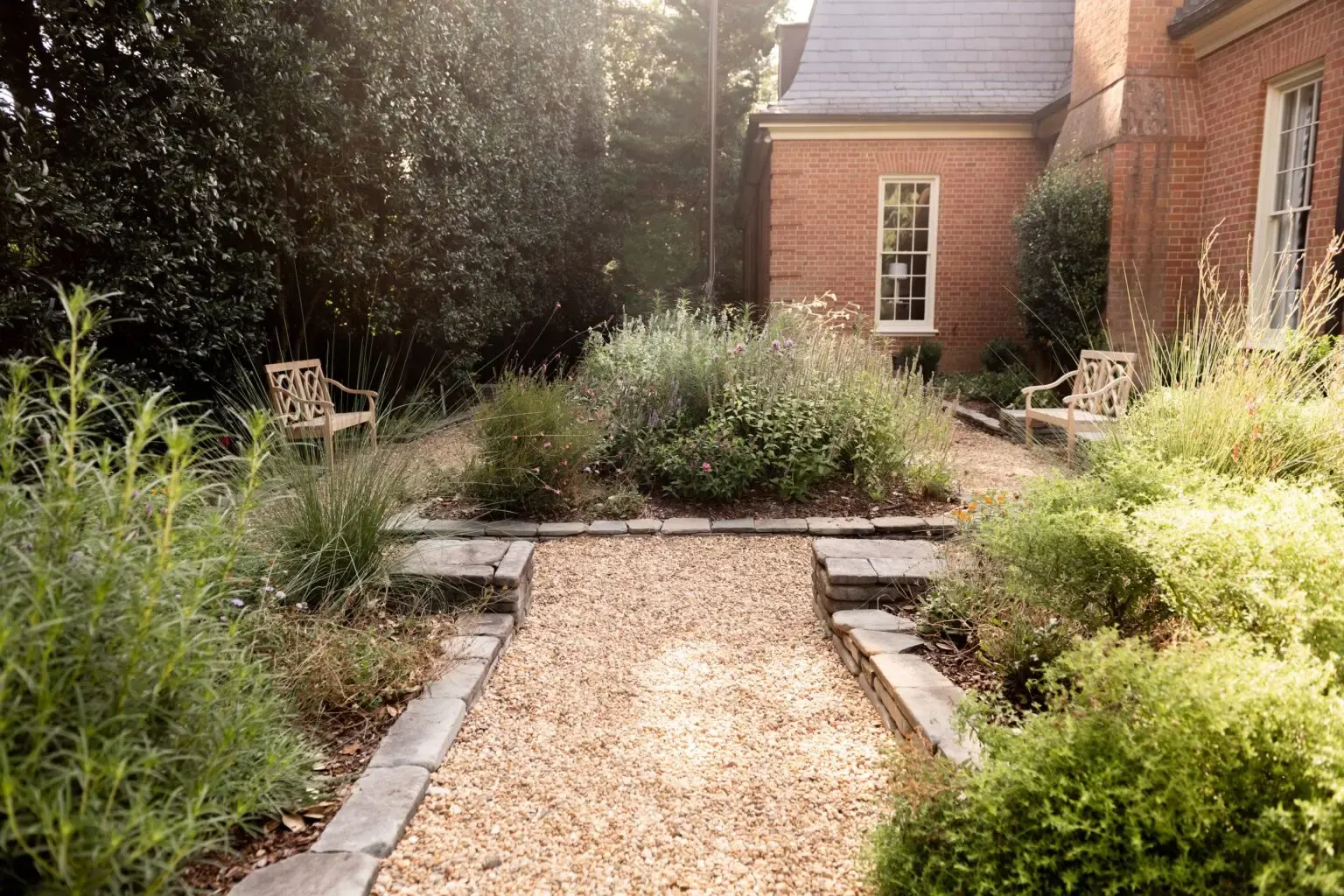 Gravel path between layered plantings by a brick house