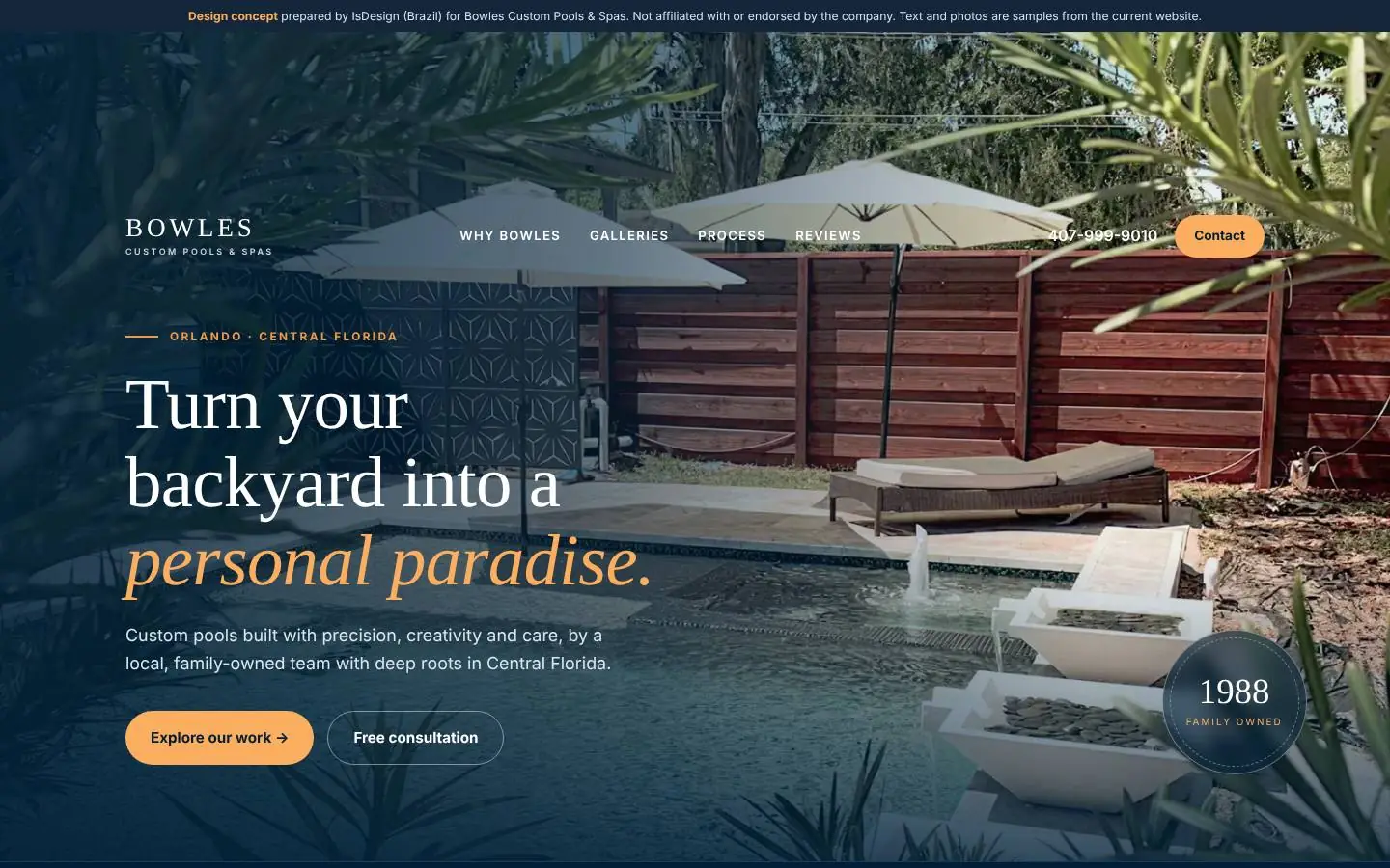 Bowles Custom Pools concept, desktop view