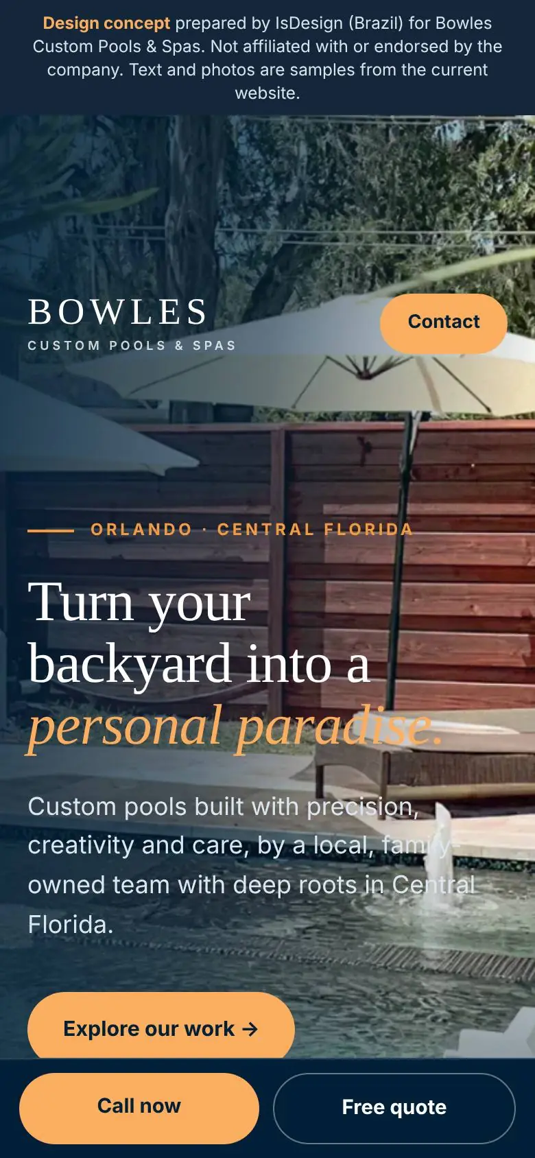 Bowles Custom Pools concept, mobile view