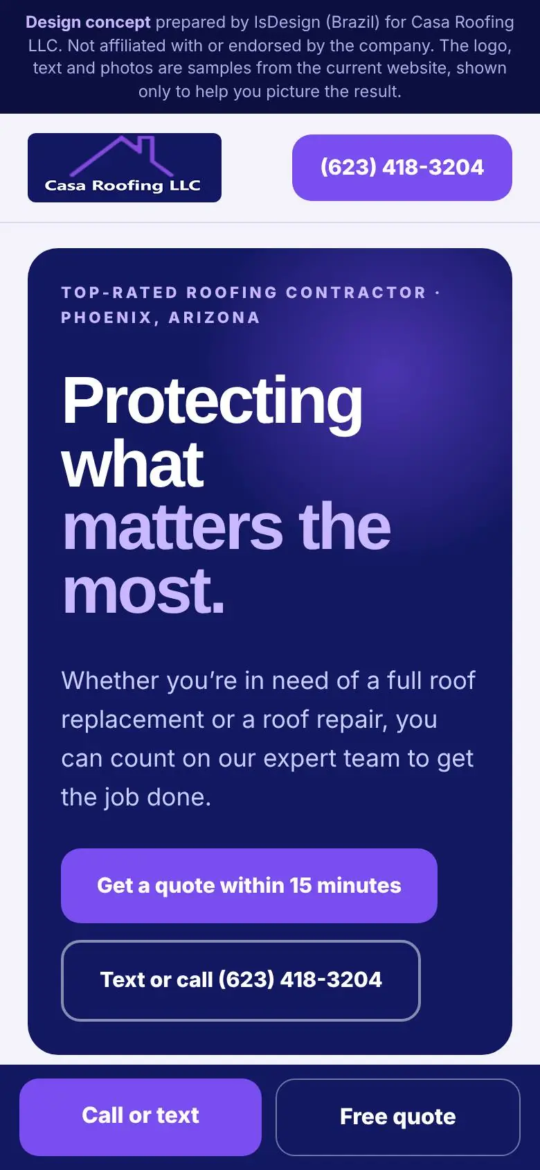 Casa Roofing concept, mobile view