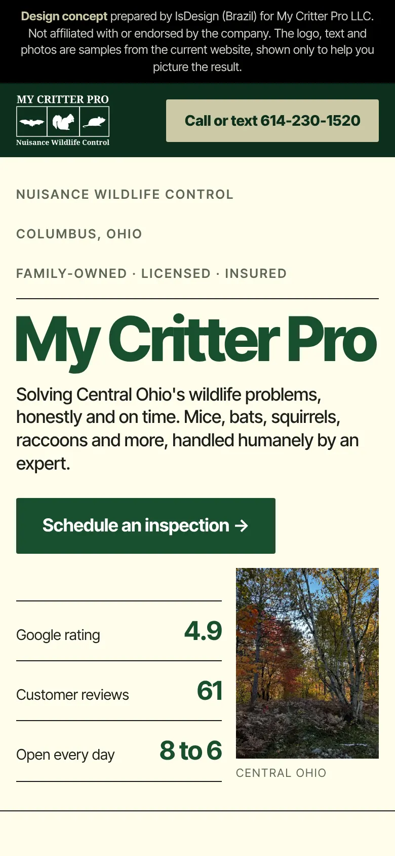 My Critter Pro concept, mobile view