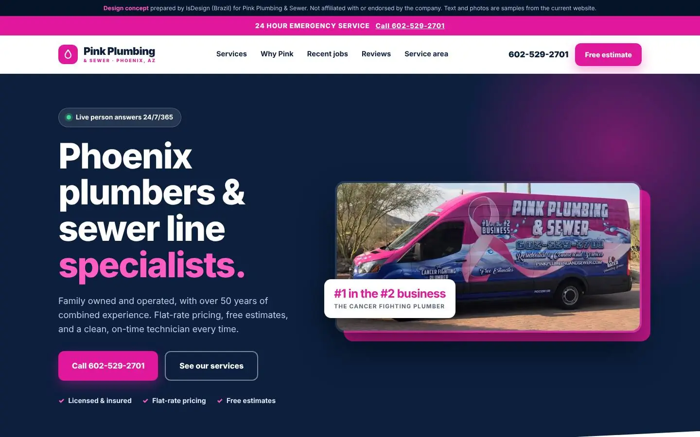 Pink Plumbing & Sewer concept, desktop view