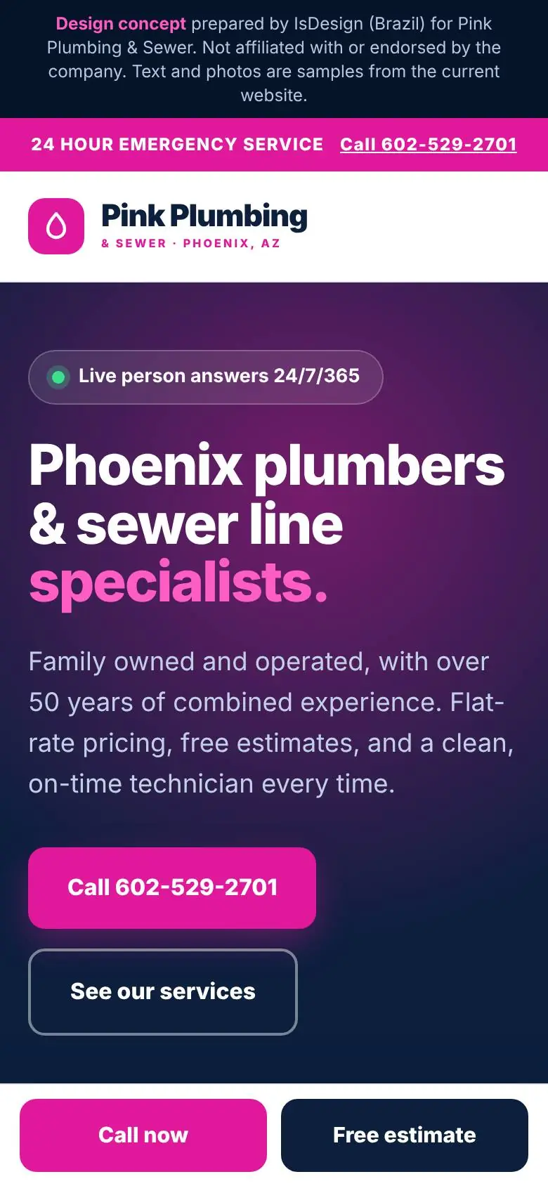 Pink Plumbing & Sewer concept, mobile view