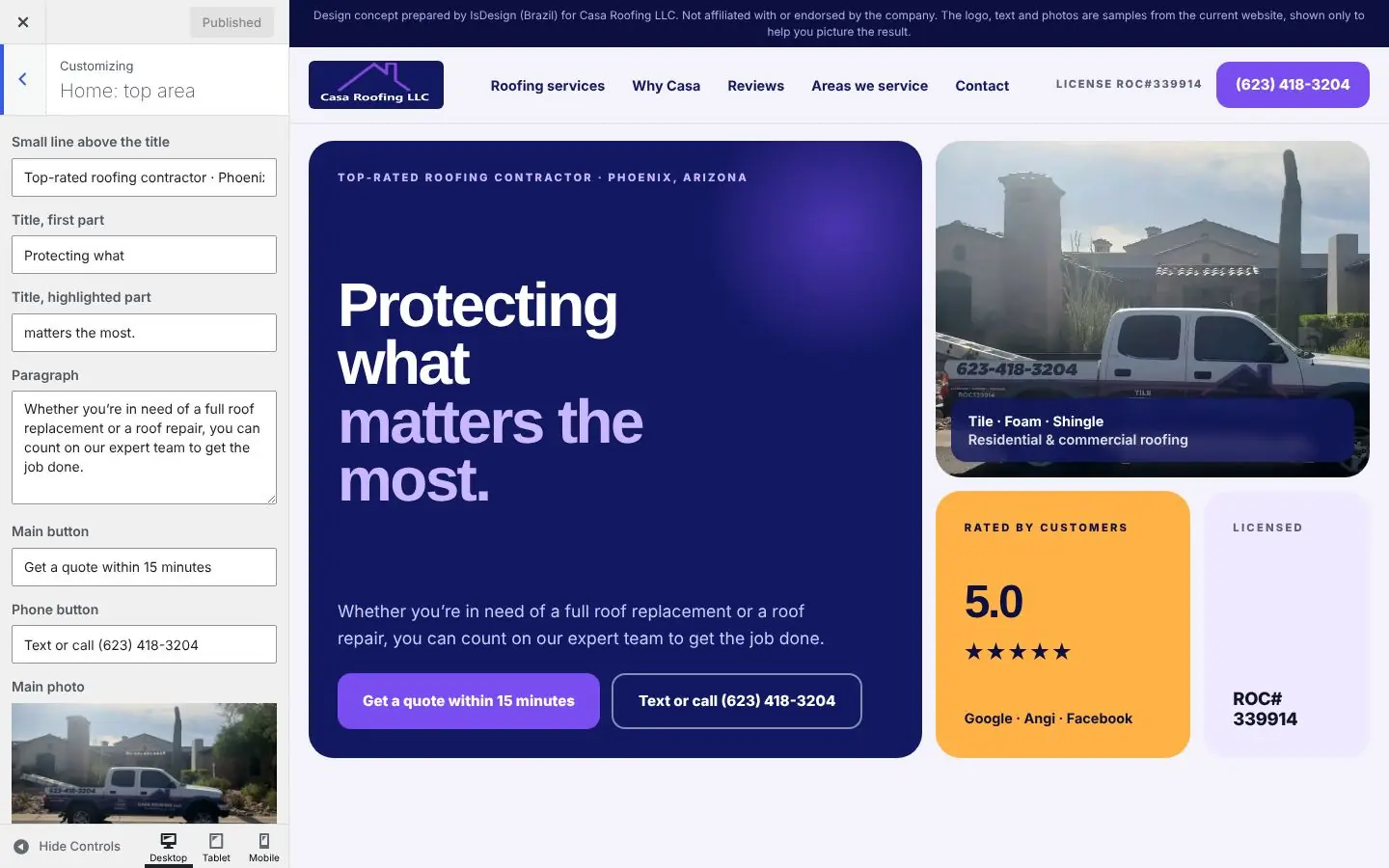 WordPress Customizer editing the Casa Roofing theme with a live preview